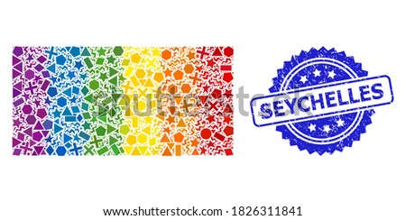Rainbow colorful vector filled rectangle collage for LGBT, and Seychelles rubber rosette stamp seal. Blue stamp seal has Seychelles text inside rosette.