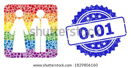 Rainbow colorful vector newlyweds mosaic for LGBT, and 0.01 scratched rosette stamp. Blue stamp seal contains 0.01 text inside rosette.