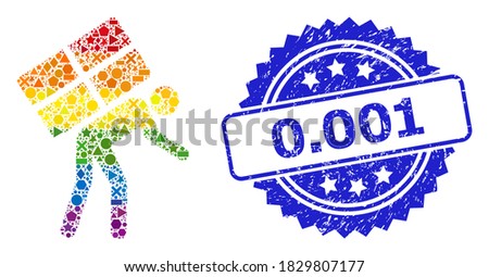 Rainbow vibrant vector refugee mosaic for LGBT, and 0.001 dirty rosette seal. Blue stamp seal has 0.001 text inside rosette. Geometric random spots are arranged into abstract mosaic refugee icon.