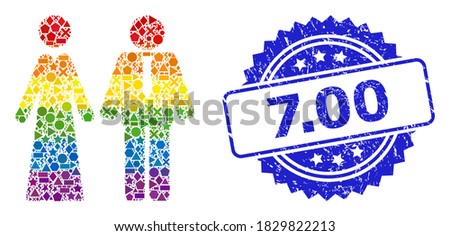 Rainbow colored vector newlyweds mosaic for LGBT, and 7.00 rubber rosette stamp. Blue stamp has 7.00 text inside rosette. Geometric randomized dots are united into abstract mosaic newlyweds icon.