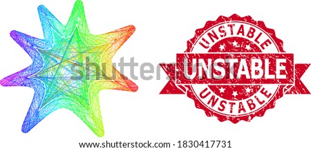 Rainbow colorful wire frame exploding boom, and Unstable corroded ribbon seal print. Red stamp seal has Unstable text inside ribbon.Geometric wire frame flat network based on exploding boom icon,