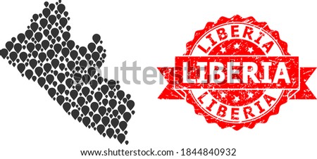 Pin mosaic map of Liberia and grunge ribbon stamp. Red stamp has Liberia text inside ribbon. Abstract map of Liberia is designed with random mark symbols. Abstract scheme.