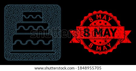 Mesh network cake on a black background, and 8 May rubber ribbon seal. Red stamp seal contains 8 May title inside ribbon. Vector model created from cake icon with triangular net.