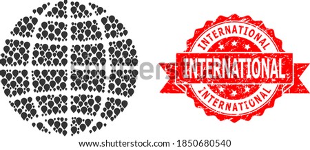 Pointer mosaic globe and scratched ribbon seal. Red stamp seal has International text inside ribbon. Abstract globe is composed from randomized pointer icons. Tourism scheme.