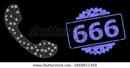 Glowing mesh web telephone with glowing spots, and 666 dirty rosette watermark. Illuminated vector constellation created from telephone icon. Blue seal includes 666 caption inside rosette.