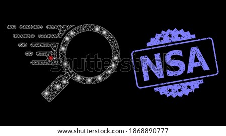 Glare mesh network search tool with lightspots, and NSA corroded rosette seal imitation. Illuminated vector constellation created from search tool icon. Blue seal has NSA tag inside rosette.