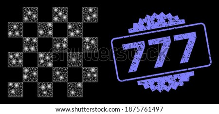 Bright mesh network chess board with light spots, and 777 rubber rosette stamp seal. Illuminated vector model created from chess board icon. Blue stamp seal contains 777 text inside rosette.
