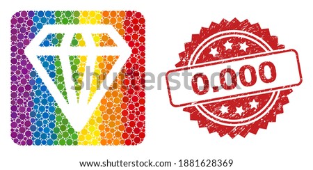 Diamond mosaic icon of circle items in different sizes and LGBT colored color tinges, and 0.000 rubber rosette stamp seal. A dotted LGBT-colored Diamond for lesbians, gays, transgenders,