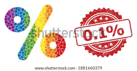 Percent mosaic icon of circle dots in variable sizes and LGBT colored color tones, and 0.1 percent unclean rosette seal print. A dotted LGBT-colored Percent for lesbians, gays, transgenders, and