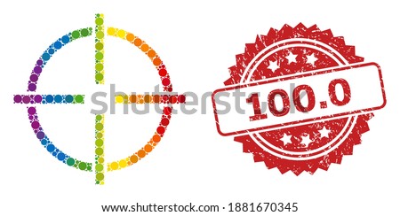 Target collage icon of spheric items in various sizes and rainbow colored color hues, and 100.0 scratched rosette stamp seal. A dotted LGBT-colored Target for lesbians, gays, transgenders,