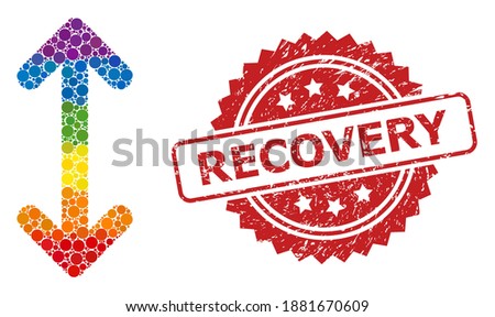 Swap arrows vertically collage icon of circle dots in different sizes and LGBT colored color hues, and Recovery dirty rosette stamp. A dotted LGBT-colored Swap arrows vertically for lesbians, gays,