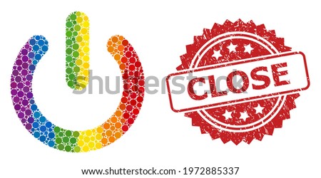 Turn off collage icon of filled circle blots in variable sizes and spectrum colored color hues, and Close dirty rosette stamp. A dotted LGBT-colored Turn off for lesbians, gays, transgenders,