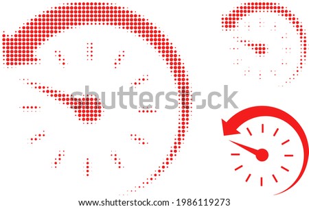 Time backward halftone dotted icon. Halftone pattern contains circle pixels. Vector illustration of time backward icon on a white background.
