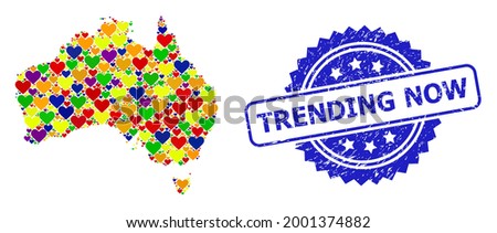 Blue rosette distress seal imprint with Trending Now text. Vector mosaic LGBT map of Australia with lovely hearts. Map of Australia collage designed with valentine hearts in bright color tinges.