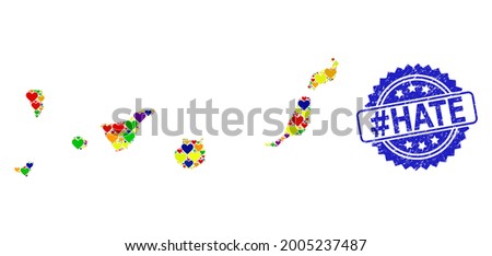Blue rosette grunge seal imprint with hashtag Hate text. Vector mosaic LGBT map of Canary Islands of lovely hearts. Map of Canary Islands collage formed with lovely hearts in colorful color tints.