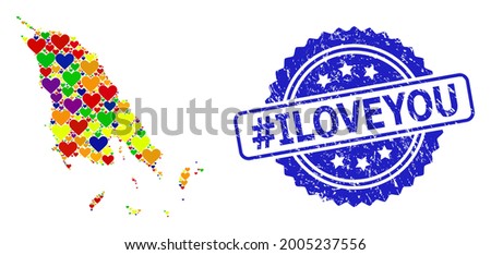 Blue rosette textured watermark with hashtag Iloveyou message. Vector mosaic LGBT map of Koh Chang with love hearts. Map of Koh Chang collage composed with love hearts in colorful shades.