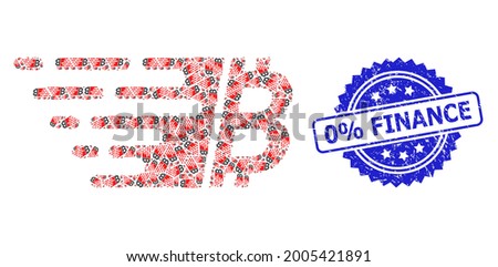 0 percent Finance rubber seal imitation and vector fractal mosaic bitcoin. Blue stamp seal has 0 percent Finance text inside rosette. Vector mosaic is constructed from repeating rotated bitcoin items.