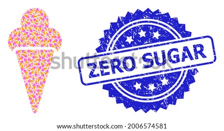 Zero Sugar rubber stamp seal and vector recursive collage icecream. Blue stamp includes Zero Sugar caption inside rosette. Vector collage is created of scattered rotated icecream pictograms.