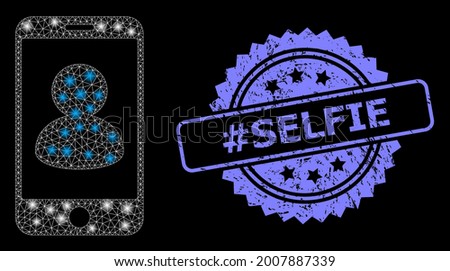 Shiny mesh network smartphone portrait with lightspots, and Hashtag Selfie unclean rosette seal. Illuminated vector model created from smartphone portrait icon. Blue seal includes Hashtag Selfie tag