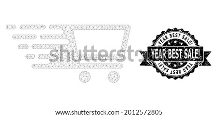 Year Best Sale exclamation corroded stamp and vector shopping cart mesh model. Black stamp has Year Best Sale exclamation title inside ribbon and rosette. Abstract flat mesh shopping cart, designed