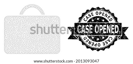 Case Opened dirty seal and vector case mesh model. Black stamp seal contains Case Opened caption inside ribbon and rosette. Abstract flat mesh case, designed with flat mesh.