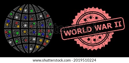 Bright mesh network globe with bright dots, and World War Ii textured rosette seal print. Illuminated vector structure created from globe pictogram. Pink seal has World War Ii tag inside rosette.