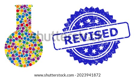 Vibrant mosaic chemical flask, and Revised corroded rosette stamp seal. Blue stamp seal includes Revised tag inside rosette. Vector circle items are arranged into abstract mosaic chemical flask icon.