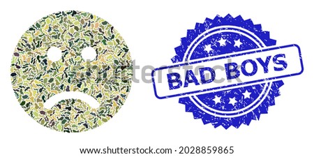 Military camouflage combination of sad smiley, and Bad Boys scratched rosette seal imitation. Blue stamp seal contains Bad Boys text inside rosette. Mosaic sad smiley designed with camouflage texture.