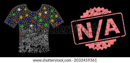 Shiny mesh network ragged t-shirt with glowing spots, and N - A textured rosette stamp seal. Illuminated vector mesh created from ragged t-shirt icon. Pink stamp seal has N - A caption inside rosette. Stock fotó © 