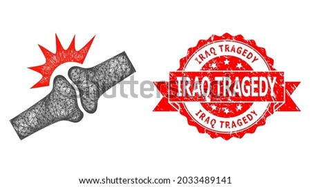 Wire frame bone joint fracture icon, and Iraq Tragedy rubber ribbon stamp seal. Red stamp seal contains Iraq Tragedy text inside ribbon.Geometric wire frame 2D net based on bone joint fracture icon,