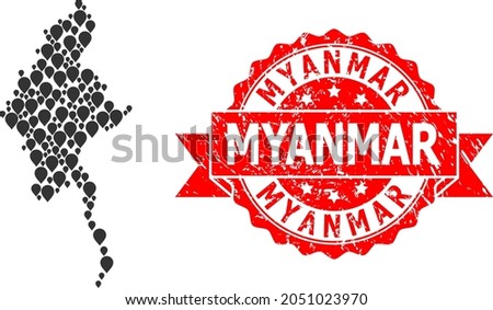 Marker collage map of Myanmar and grunge ribbon stamp. Red stamp seal includes Myanmar text inside ribbon. Abstract map of Myanmar is formed of randomized navigation items. Abstract scheme.