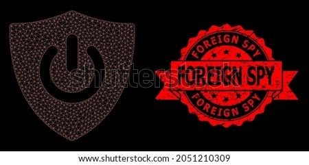 Mesh network shield turn off on a black background, and Foreign Spy textured ribbon stamp seal. Red stamp has Foreign Spy tag inside ribbon. Vector model created from shield turn off icon with mesh.