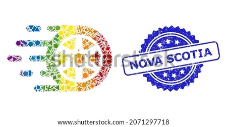Rainbow colored vector car wheel mosaic for LGBT, and Nova Scotia corroded rosette stamp seal. Blue stamp seal contains Nova Scotia tag inside rosette.