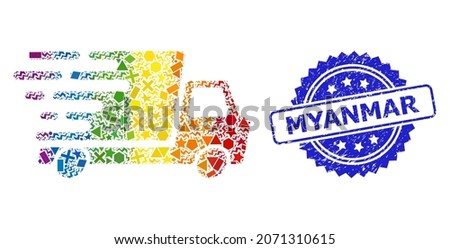 Rainbow colorful vector delivery car mosaic for LGBT, and Myanmar textured rosette seal imitation. Blue stamp seal contains Myanmar title inside rosette.
