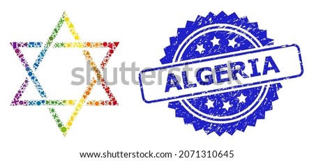 Spectrum colored vector david star mosaic for LGBT, and Algeria textured rosette seal. Blue stamp seal includes Algeria title inside rosette.