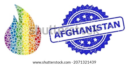 Rainbow vibrant vector fire collage for LGBT, and Afghanistan grunge rosette stamp seal. Blue seal includes Afghanistan title inside rosette. Foto stock © 