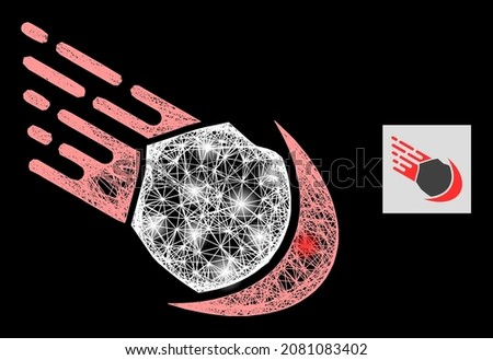 Bright network meteor with light spots on a black background. Illuminated vector structure based on meteor pictogram, with hatched network and light spots.