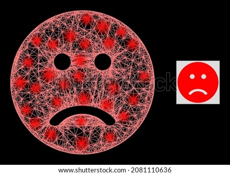Sparkle net sad smiley with glowing spots on a black background. Bright vector structure is based on sad smiley glyph, with irregular net and light spots.