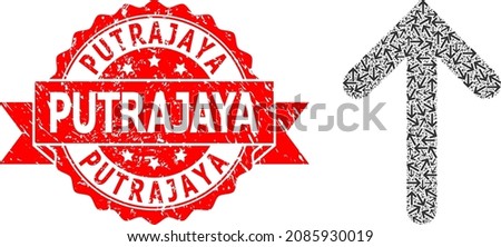 Vector recursive collage up arrow, and Putrajaya unclean seal print. Red stamp seal includes Putrajaya tag inside ribbon. Vector collage is designed with recursive rotated up arrow icons.