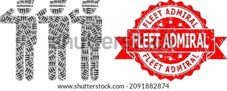 Vector recursive mosaic soldiers, and Fleet Admiral rubber stamp seal. Red stamp seal includes Fleet Admiral caption inside ribbon. Vector mosaic is made of repeating rotated soldiers icons.