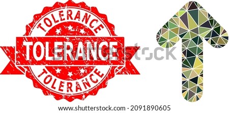 Low-Poly triangulated arrow up military camouflage icon illustration, and Tolerance dirty seal print. Red stamp contains Tolerance title inside ribbon.