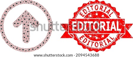 Vector recursive collage up pointer, and Editorial rubber stamp seal. Red stamp seal contains Editorial tag inside ribbon. Vector mosaic is formed from recursive rotated up pointer items.