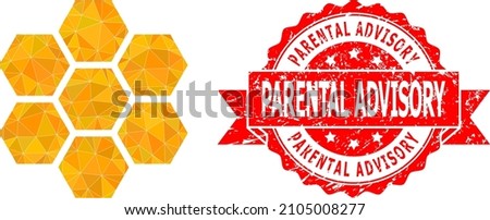 Lowpoly polygonal honeycombs symbol illustration, and Parental Advisory unclean stamp seal. Red stamp includes Parental Advisory title inside ribbon. Vector honeycombs icon is filled using triangles.