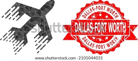 Low-Poly triangulated jet plane 2d illustration, and Dallas-Fort Worth rubber seal print. Red seal includes Dallas-Fort Worth text inside ribbon. Vector jet plane icon filled with triangles.