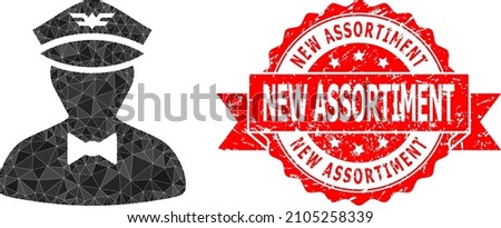 Low-Poly polygonal flying attendant icon illustration, and New Assortiment dirty seal. Red stamp contains New Assortiment tag inside ribbon. Vector flying attendant icon is filled with triangles. Photo stock © 