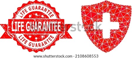 Lowpoly polygonal medical shield icon illustration, and Life Guarantee grunge stamp. Red stamp seal has Life Guarantee text inside ribbon. Vector medical shield icon filled with triangles.