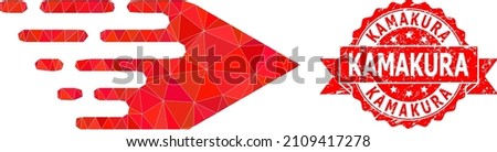 Low-Poly triangulated movement right symbol illustration, and Kamakura corroded stamp. Red stamp contains Kamakura text inside ribbon. Vector movement right icon is filled with triangles.