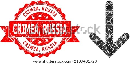 Low-Poly triangulated down arrow icon illustration, and Crimea, Russia textured stamp. Red stamp has Crimea, Russia tag inside ribbon. Vector down arrow icon filled with triangles.