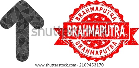 Low-Poly triangulated arrow up icon illustration, and Brahmaputra unclean seal print. Red seal contains Brahmaputra title inside ribbon. Vector arrow up icon is filled using triangles.