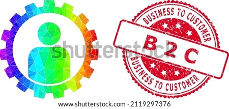 Red round textured BUSINESS TO CUSTOMER B 2 C stamp and lowpoly customer setup gear icon with spectrum colorful gradient.